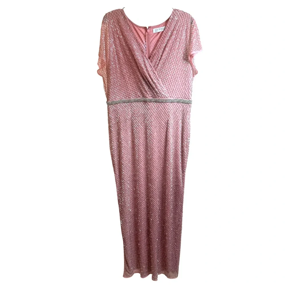 Mac Duggal 93787 Lattice Beaded Wrap VNeck Cap Sleeve Rose Pink Gown‎ Size 14